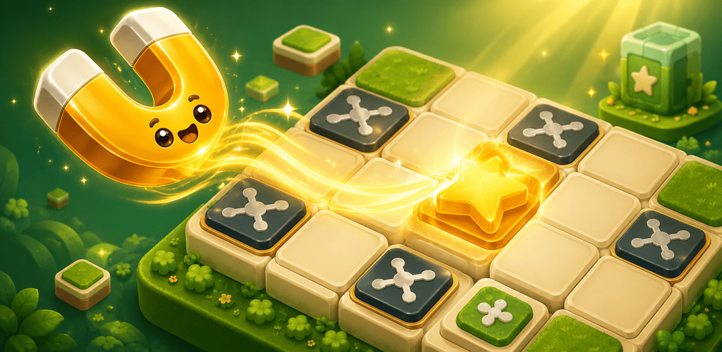 Magneterium puzzle board with a cheerful golden magnet pulling energy toward a star